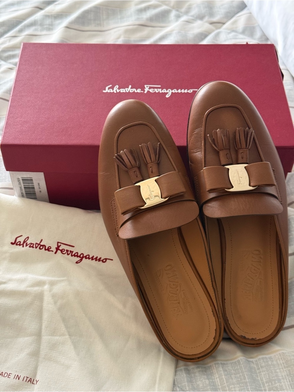Salvatore Ferragamo Tan Leather Tassel Backless Loafers